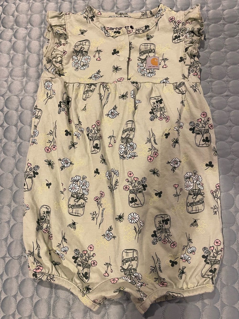 Carhartt Floral Bee Clover Jars Romper Ruffle Cap Sleeve 18 Months 100% Cotton